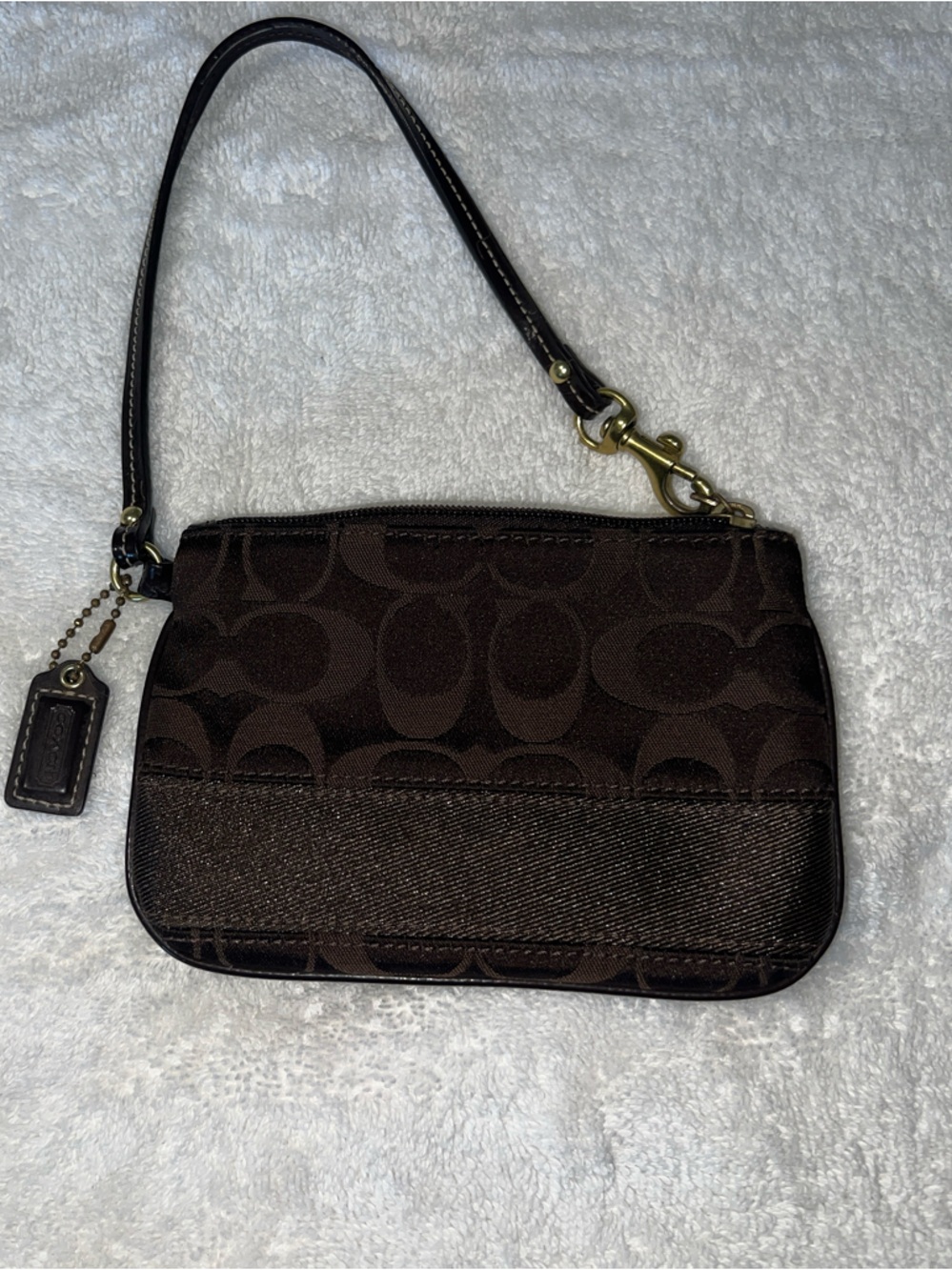 Coach Dark Brown Signature Canvas Wristlet with Leather Strap
